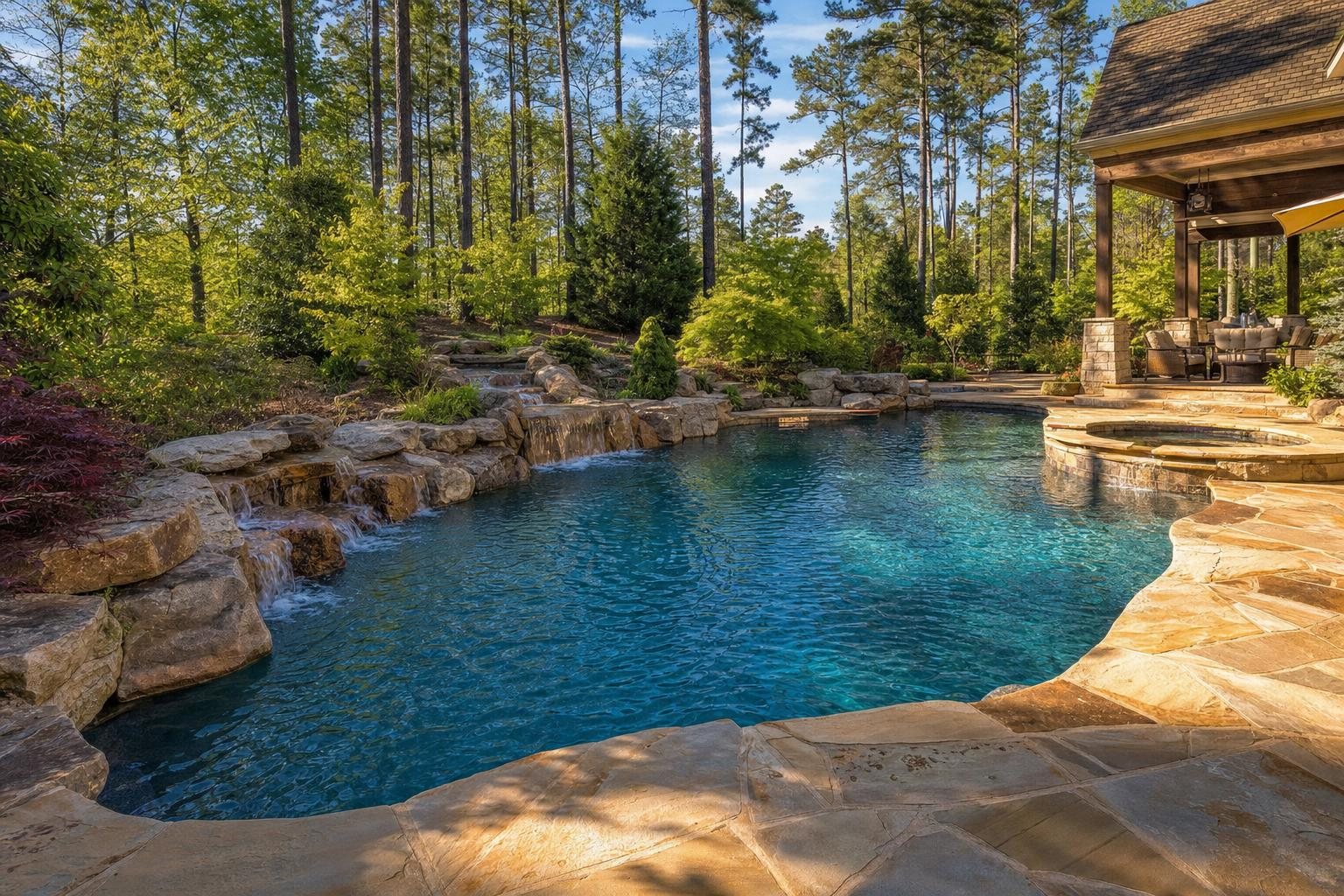 Custom inground swimming pool with rock waterfall and flagstone deck by Crew Cuts in North Georgia