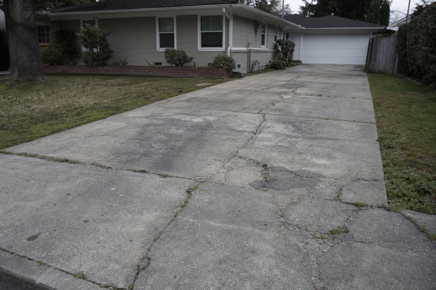 Cracked, stained concrete driveway before ACE Resin resurfacing